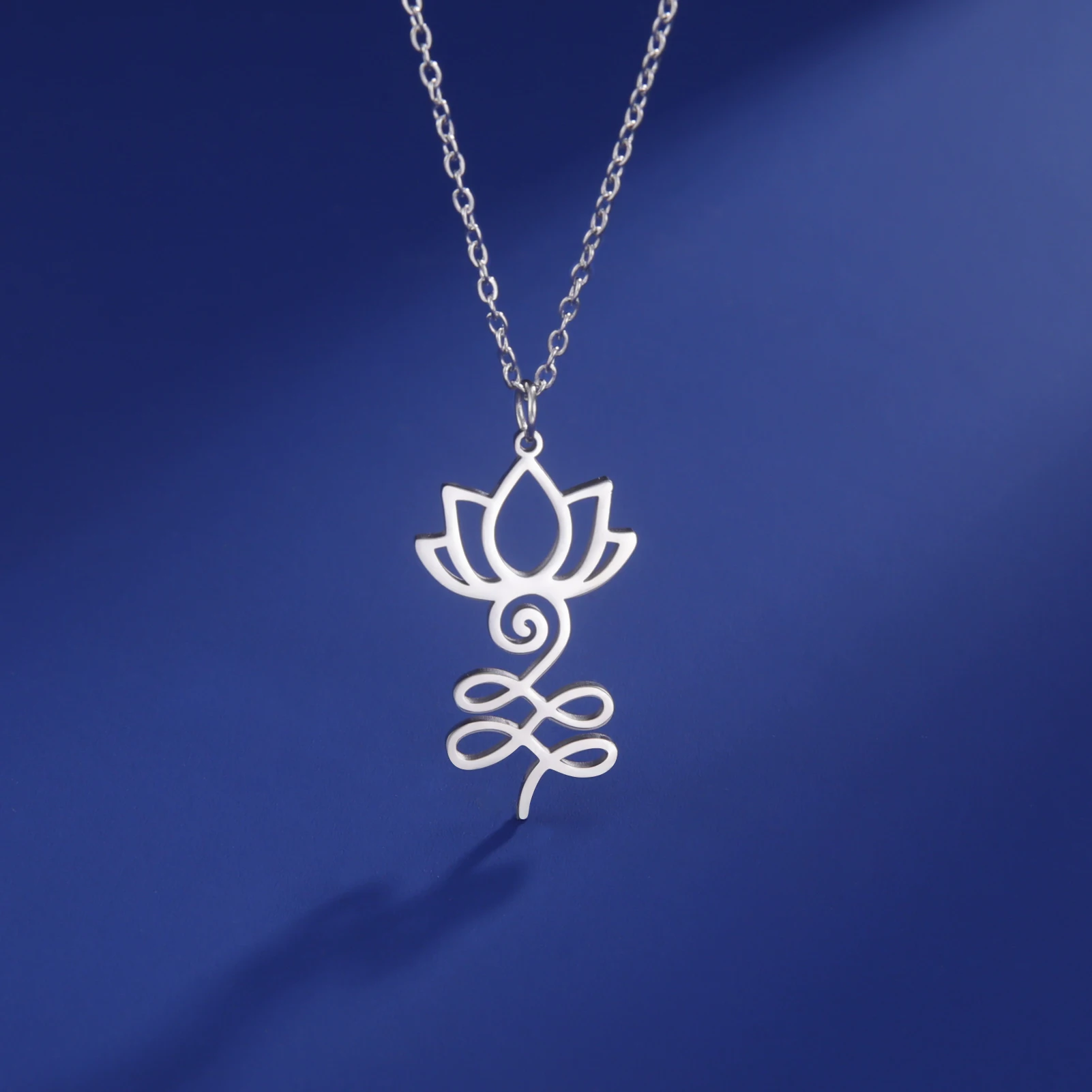 Skyrim Lotus Flower Yoga Om Unalome Pendant Necklace Stainless Steel Neck Chain for Women Buddhism Mandala Amulet Jewelry Gift