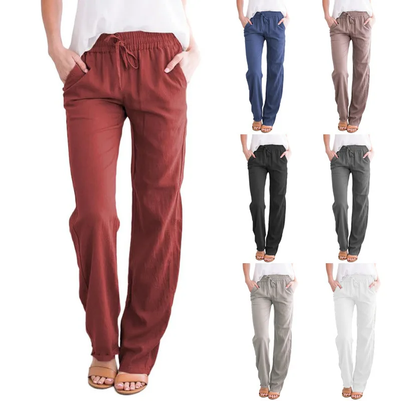 Women's Solid Color Casual Elastic Mid Waist Straight Trousers Cotton Linen Long Pants Female Autumn Spring Clothes Daily Wear