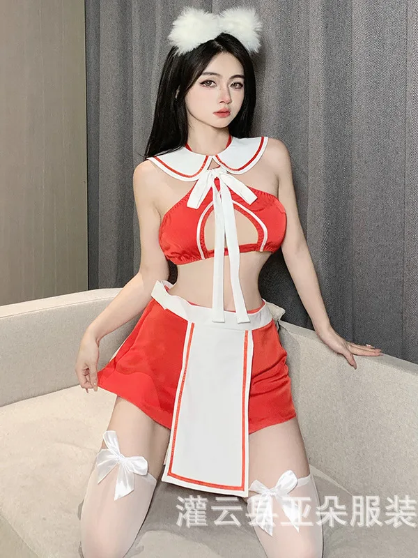 

Nightclub Crotchless Erotic Charm Mature Elegant Hollow Out Classic Style Bold Fun Lingerie Red Sexy Open Crotch Skirt Set XJST