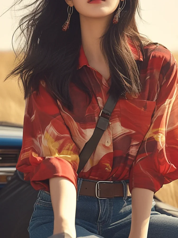 Шифоновая женская рубашка летняя винтажная Свободная блузка с принтом