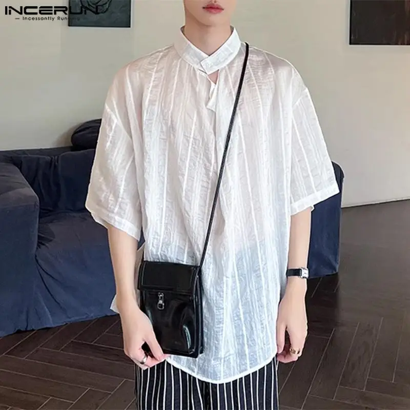 Топы INCERUN 2024 мужские прозрачные полосатые рубашки в Корейском стиле модная