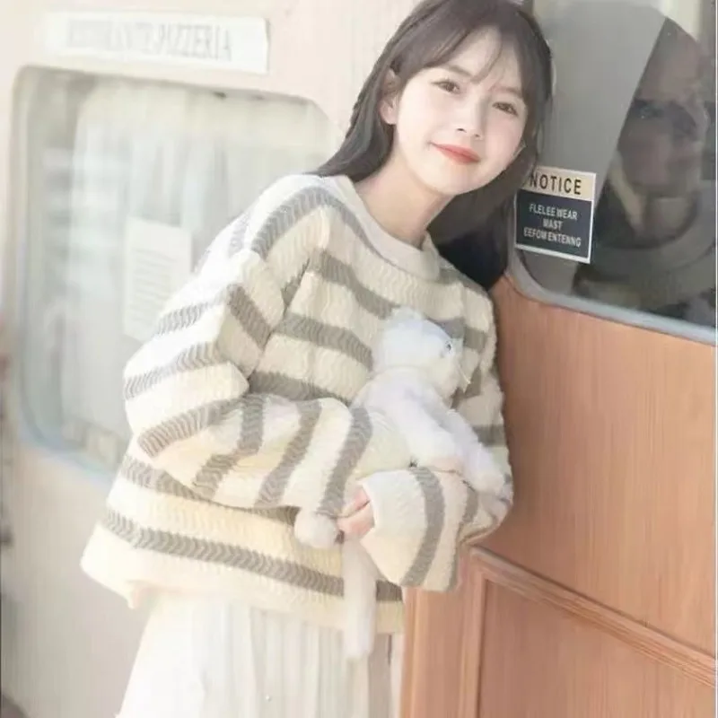

Полосатый свитер, пуловер для женщин, осень и зима 2023, корейский стиль, мягкий, универсальный, свободный, с длинным рукавом, с круглым вырезом, короткий вязаный свитер