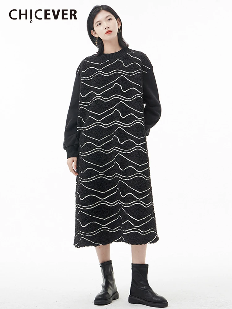 

CHICEVER Pullover Dresses For Women Round Neck Long Sleeve Patchwork Wave Cut Hit Color Dress Female Autumn Clothing Fashion New