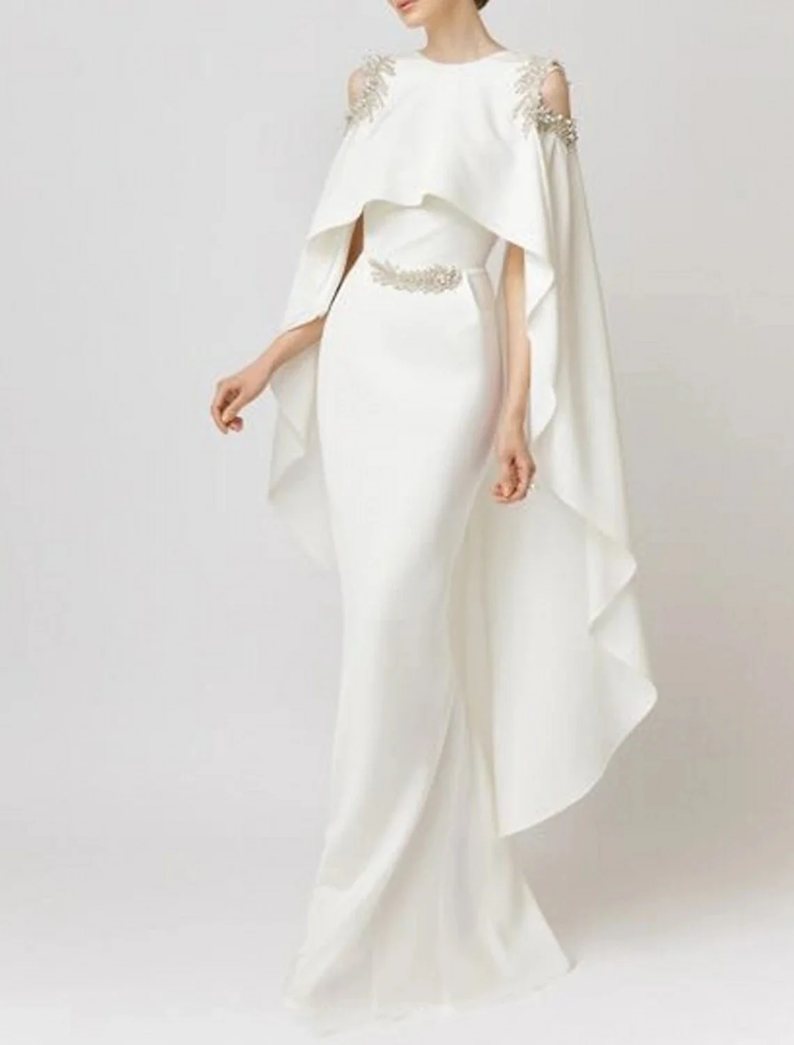 

Mermaid/Trumpet Mother of the Bride Dress Wedding Guest Prom Formal Occasion Sleeveless O-Neck Capes Chiffon with Appliques 2023