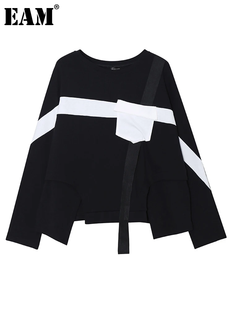 

[EAM] Women Black Ribbon Color-block Irregular Big Size T-shirt New Round Neck Long Sleeve Fashion Spring Autumn 2022 1DE7014