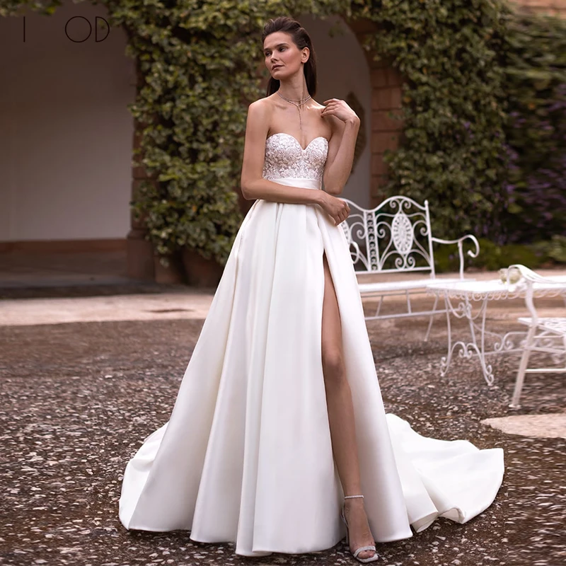 

I OD Simple A-Line High Side Split Wedding Dress 2023 Lace Applique Belt Sweetheart Backless Chiffon Robe De Mariee Court Train