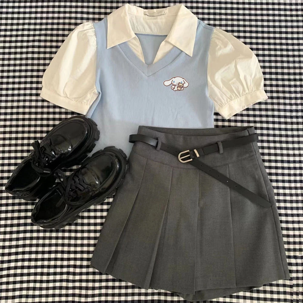 

Рубашка-поло Sanrio с коротким рукавом для девочек, плиссированная юбка, 2 шт., Cinnamoroll Kuromi, корейский аниме Y2K, для детей, для родителей, для студентов