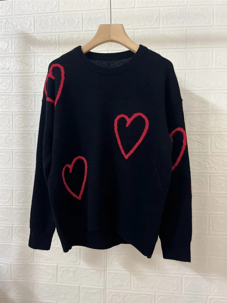 

Женский кашемировый свитер, жаккардовая трикотажная одежда в форме сердца с круглым вырезом, Повседневный пуловер с длинным рукавом, Осень-Зима 100%