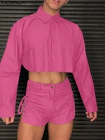 men sets solid color streetwear lapel long sleeve crop shirt lace up shorts 2pcs 2022 sexy fashion men suits s 5xl incerun 7