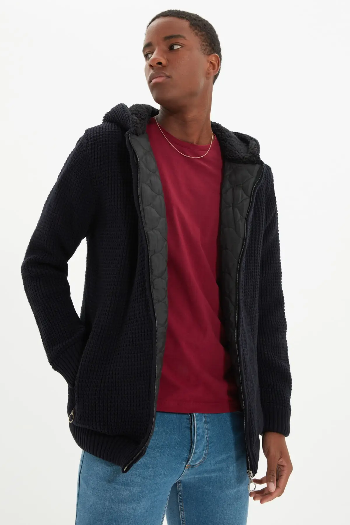 

Navy Blue Men's Hooded Quilted Detailed Cardigan TMNAW22HI0628