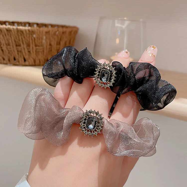 

Korean New Fashion Organza Large Intestine Hair Ties Temperament Rhinestones Tie Ball Ring Hair Accessories for Girls Wholesale