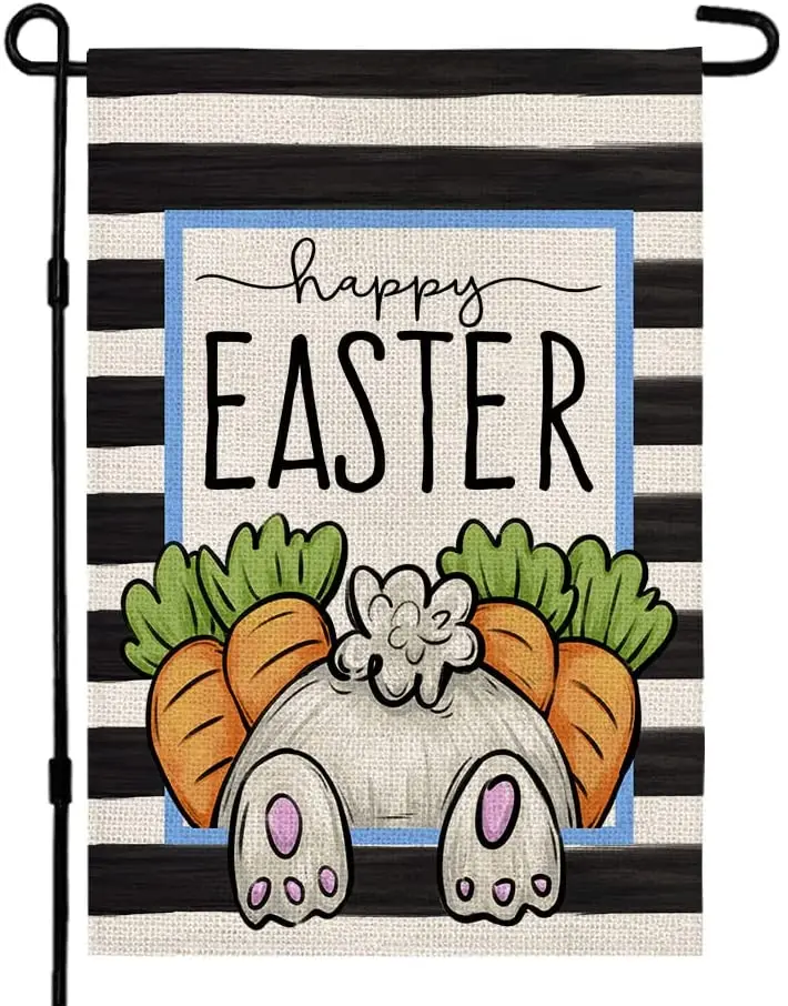 

Happy Easter Garden Flag Rabbit 12×18 Inch Double Sided Carrots Stripes Outside Vertical Holiday Yard Decor