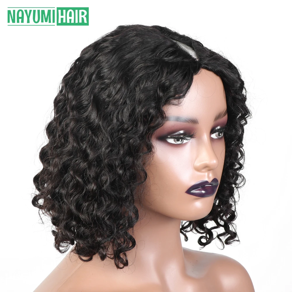 Short Bob Wig Deep Wave V Part Wig Human Hair Brazilian Human Hair Wigs Deep Curly Wig Glueless No Leave Out Remy 180% Density enlarge