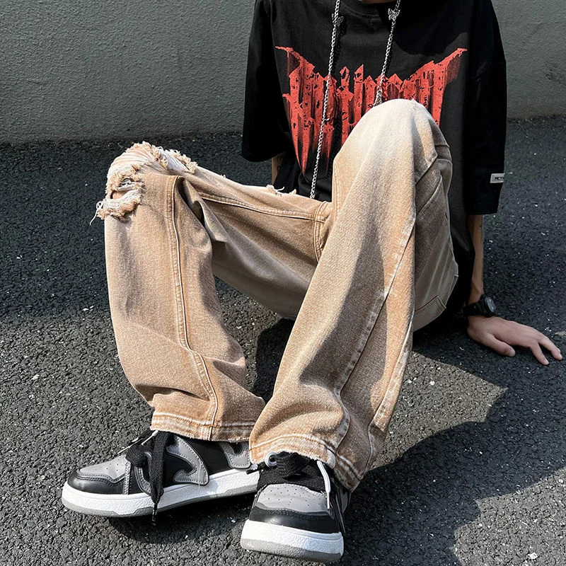 Summer Ripped Baggy Jeans Men's Fashion Casual Straight Jeans Japanese Streetwear Loose Hip Hop Hole Denim Pants Mens Trousers