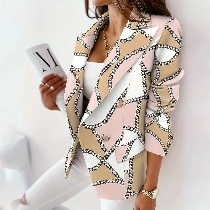 

Повседневная женская верхняя одежда с длинным рукавом и принтом, Элегантное однобортное облегающее пальто 2023, модный офисный блейзер с лацканами, куртки
