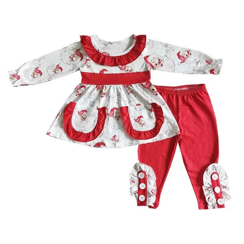 

Boutique Kids Outfits Baby Girls Clothing Christmas Santa Claus Printing Pockets Long Sleeve Top Tunic Ruffles Pants Child Sets
