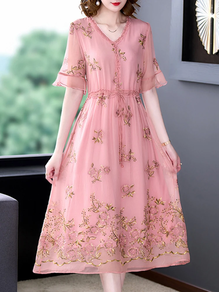 Women Fashion Pink Embroidery Floral Silk Midi Dress Summer Boho Light Elegant Party Vestidos 2023 Korean Bodycon Evening Dress