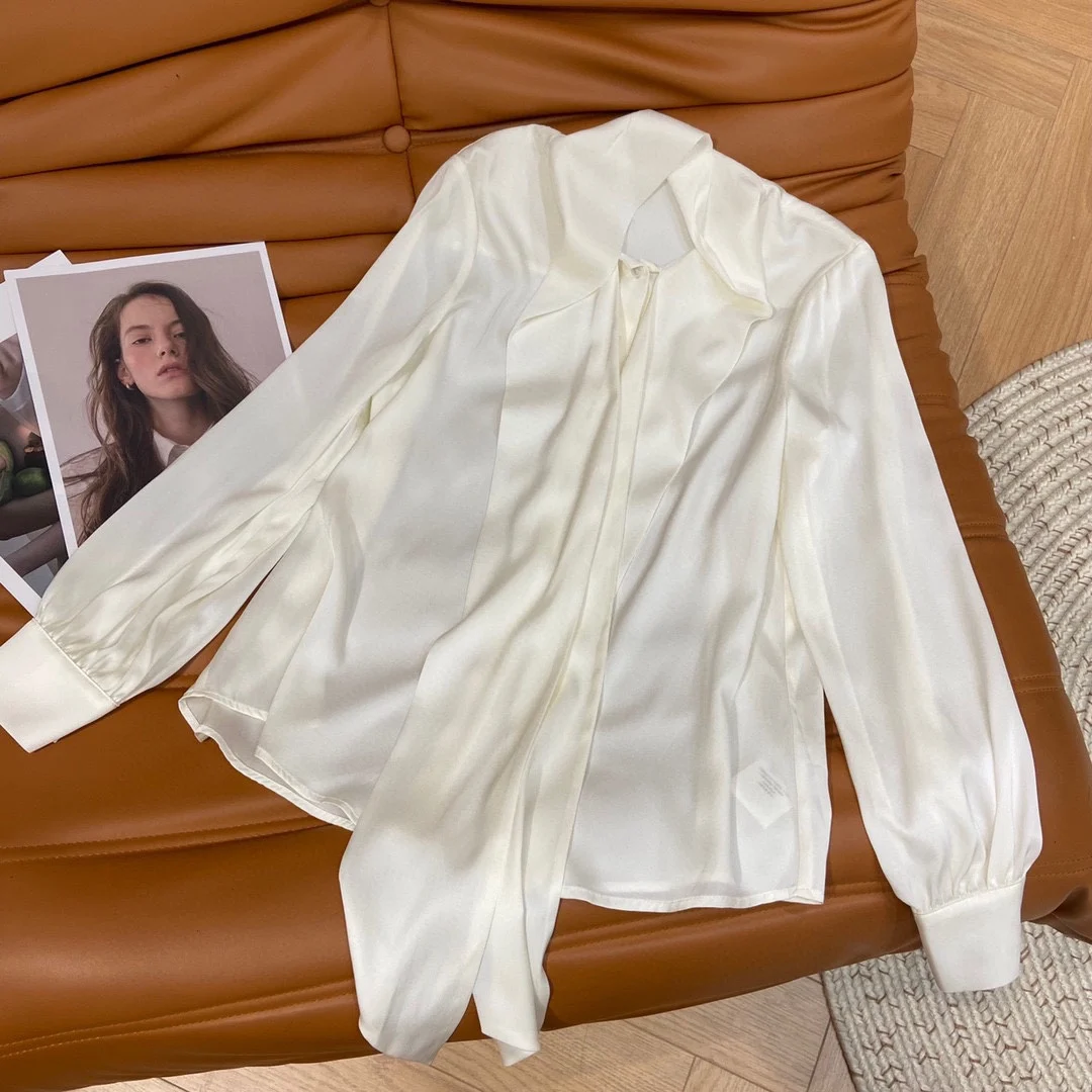 

2022 spring women's new silk elastic satin ribbon bow shirt