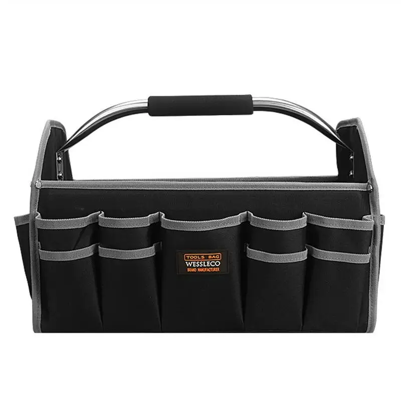 

Wide Mouth Tool Bag Tool Tote Bags With Handle Waterproof Open Top Electricians Tool Pocket Stainless Steel Handle Tote Tool Box
