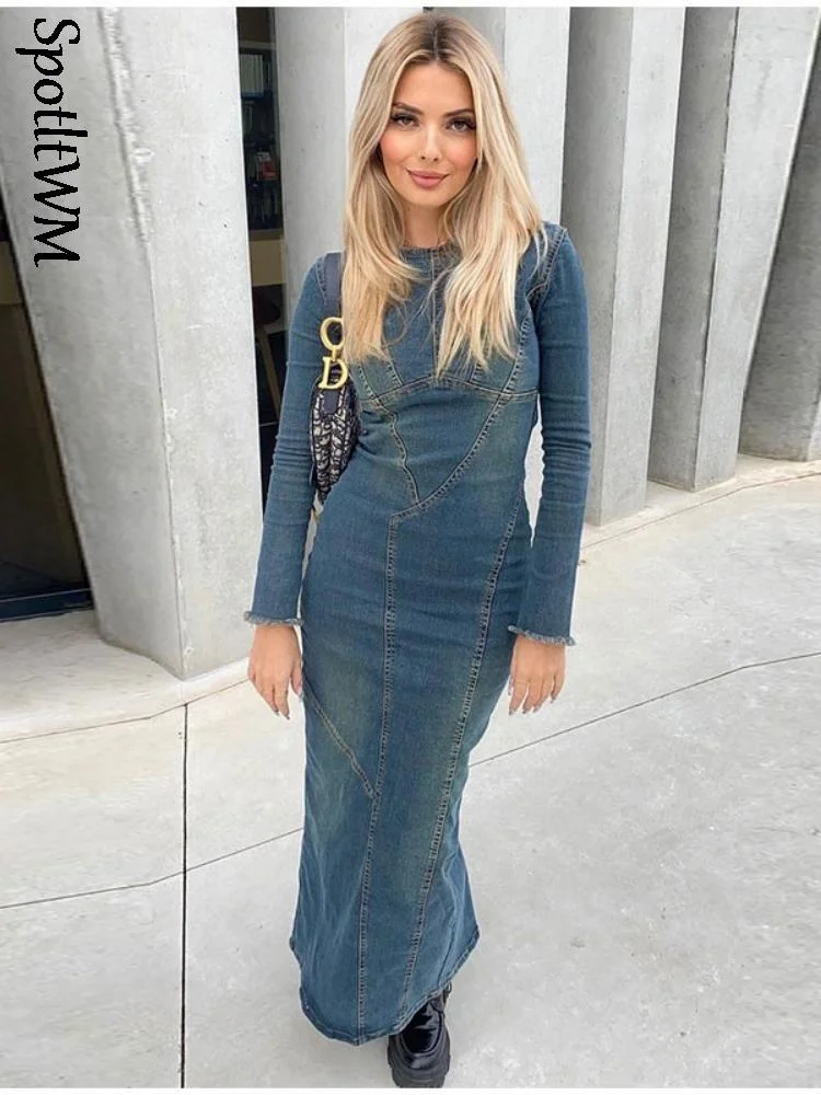 

Women's Spring Fashion Blue Denim Dress Long Sleeve Slit Zipper Style Long Dresses 2023 Going Out Casual Maxi Female Vestidos