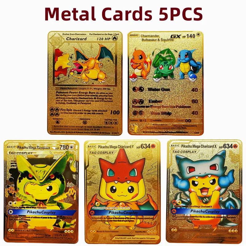 

5PCS Pokemon Iron Cards Golden Metal Pokemon Shiny Letters Pikachu Mewtwo Charizard Vmax Game Collection Card Anime Metal Gifts
