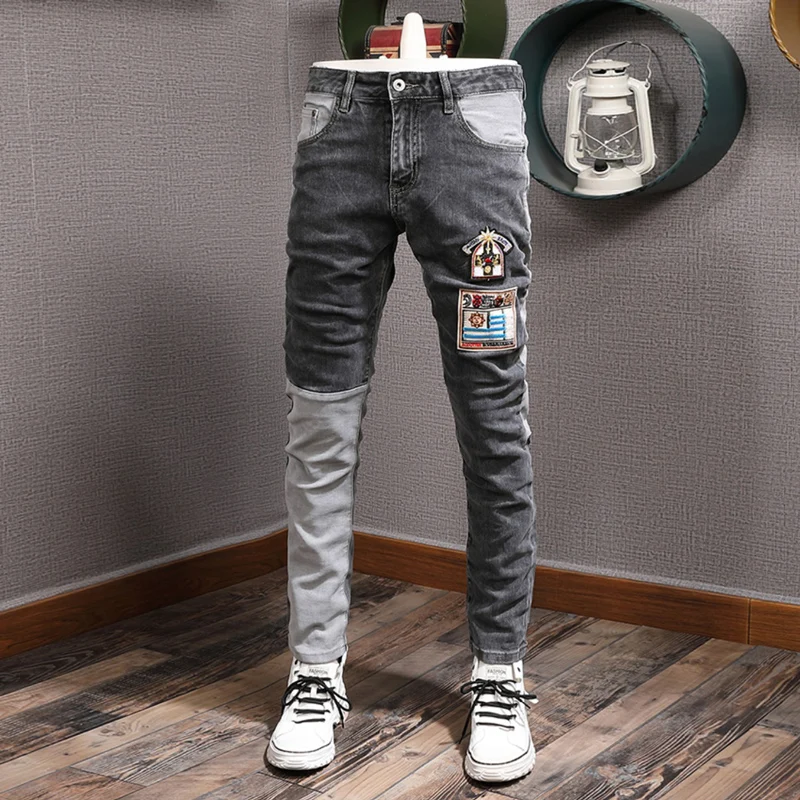 Fashion Streetwear Men Jeans Retro Gray Spliced Elastic Stretch Slim Fit Ripped Jeans Men Patch Designer Hip Hop Pants Hombre