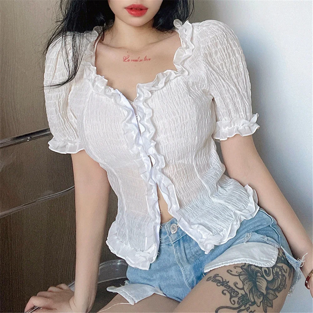 

2022 New Summer Women Kawaii Short Sleeve T-Shirt Sweetheart Buckled Slim Fit Solid Color Crop Tops White Female Clothes