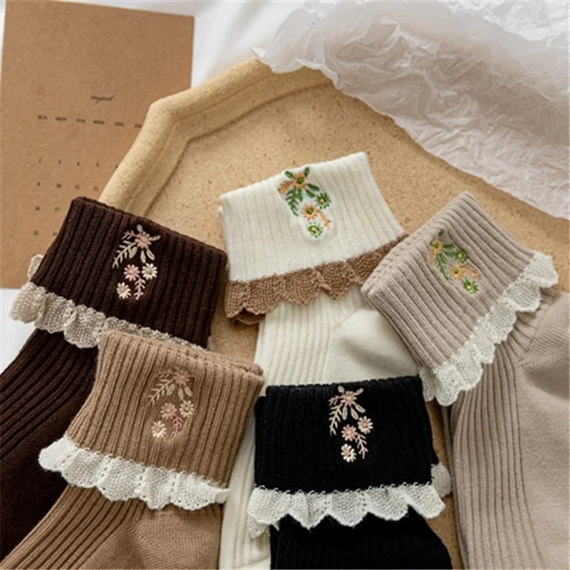 Japanese Kawaii Cute Socks JK Lolita Lace Frilly Ruffle Socks Women Fashion Flower Embroidery Harajuku Retro Vintage Crew Socks