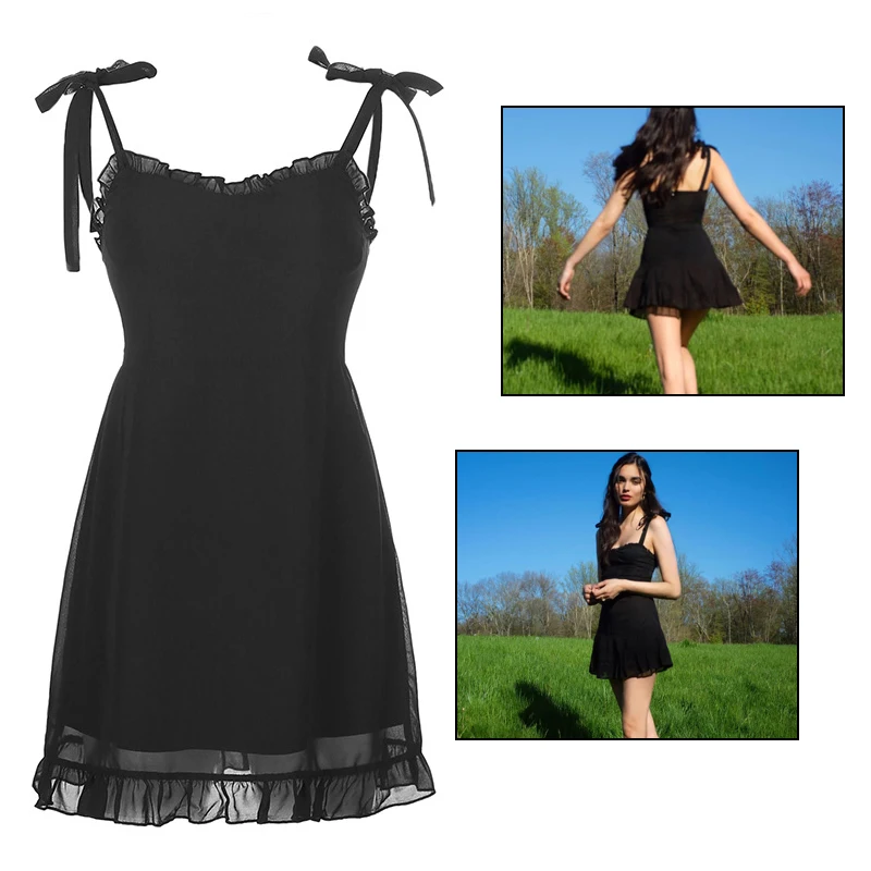 

Women's Clothing Black Strappy Tiered Smock Dress Ruffled Sling Slim Suspender Skirt Patchwork Lace Kawaii Ruffle Summer Sexy