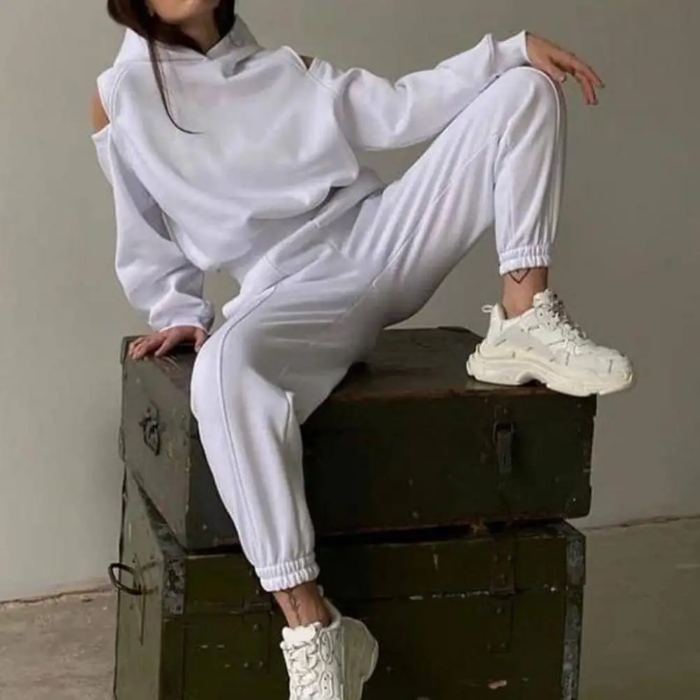 

Women Sportswear Sets Female Casual Hollow Hoodie Outfits Waist Elastic Sweatpants Suit Tracksuit Female спортивный костюм женск