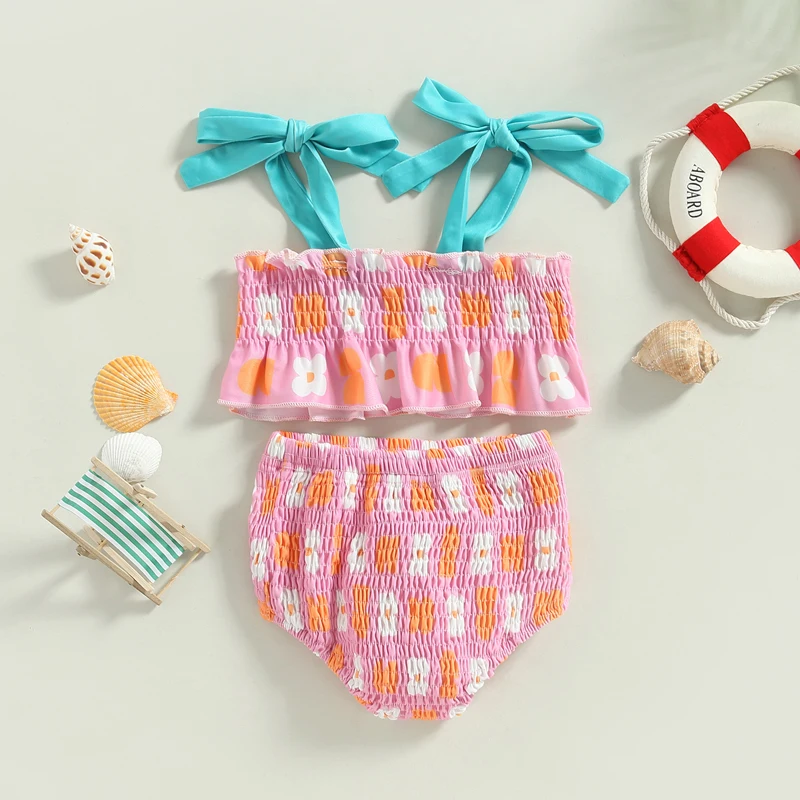 

Kids Girls Bikini Set Lacing Ruffled Camisole with Pleated Briefs Flower Print Contrast Color Swimsuit