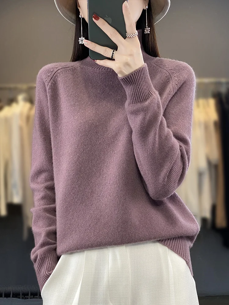 Fashion Basic Autumn Winter Merino Wool Sweater Mock Neck Cashmere Pullover Solid Color Soft Long Sleeve Clothing Tops