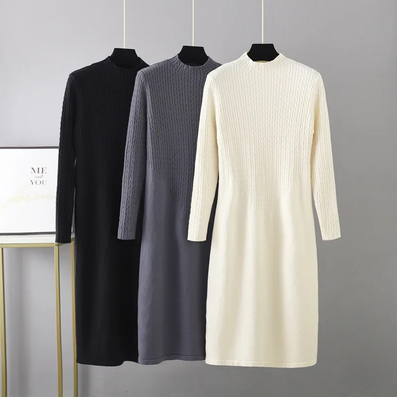 

2022 New Women Autumn Thick Pullovers Long Sleeve Mock Neck Women Stretch Knitted Beige Long Sweater Thick Dress