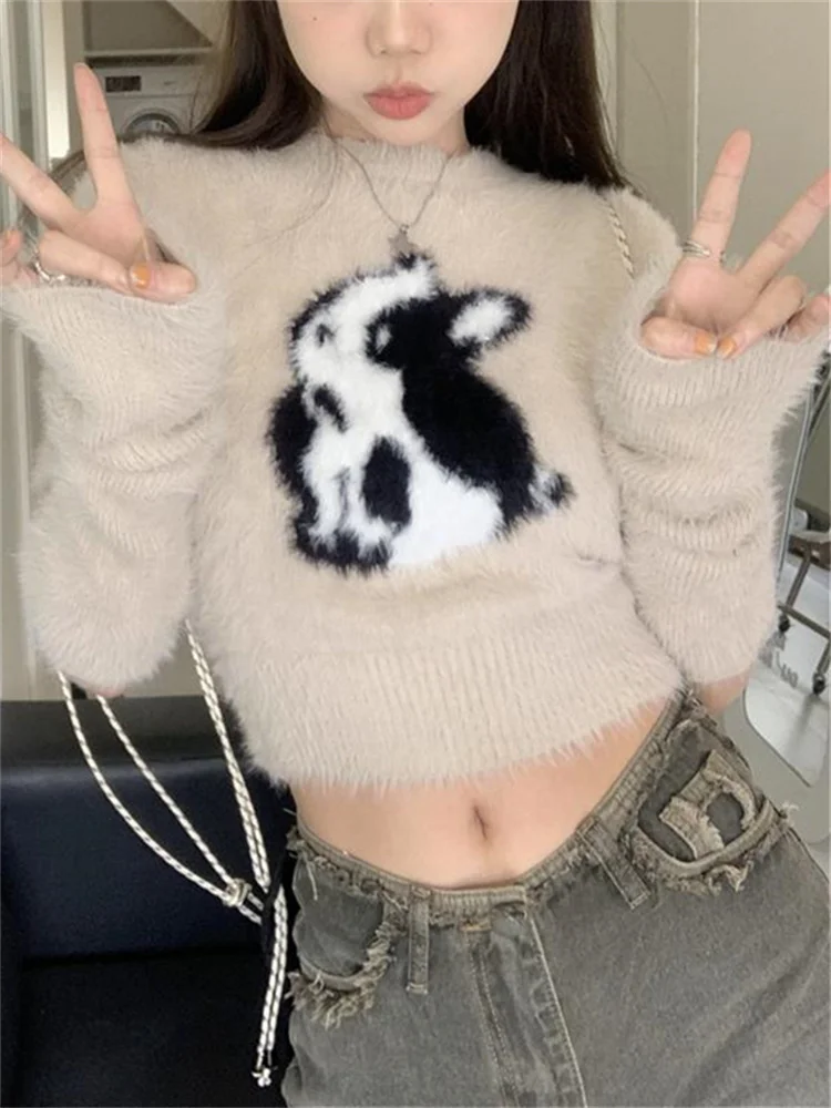 

Модный укороченный свитер QWEEK в Корейском стиле Y2K Egirl цвета хаки, вязаные пуловеры с коротким рукавом, милый весенний джемпер в стиле K-POP с животными