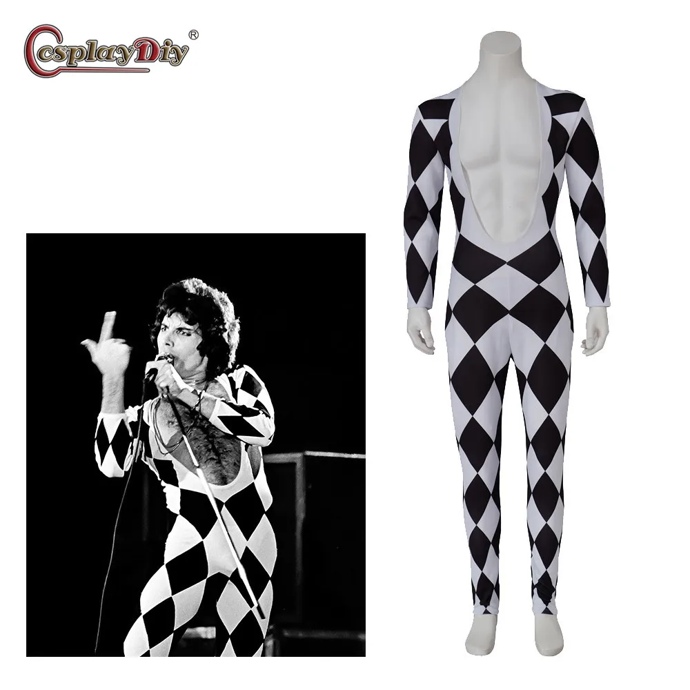 

Cosplaydiy Queen Lead Vocals Freddie Mercury Cosplay Black and White grid Jumpsuit Performance Stage Costume Bodysuit Halloween