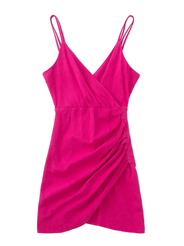 

Женское мини-платье на бретелях-спагетти, розово-красное платье с запахом и открытой спиной, праздничное платье в стиле пэчворк с высокой та...