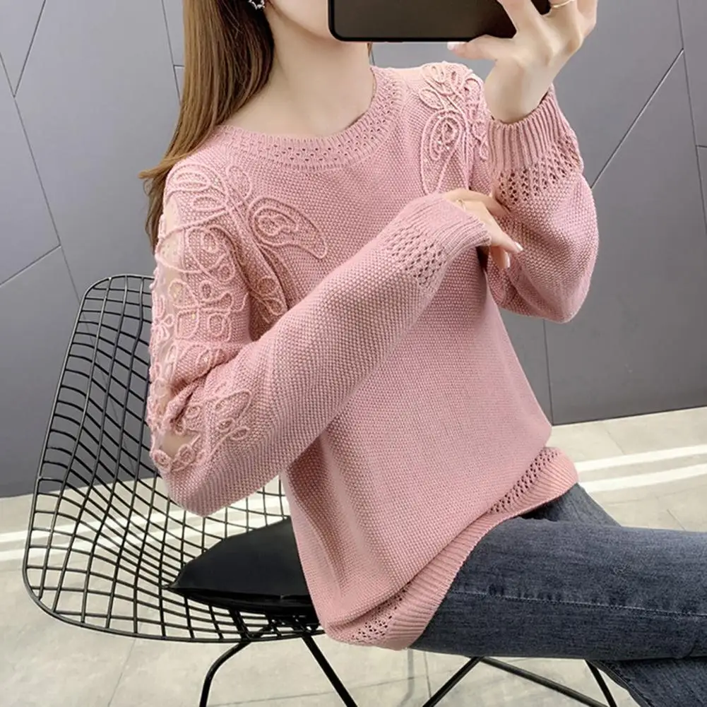 

Women Sweater Sequins Decor Autumn Knitwear Lady Lace Stitching Knitting Sweater