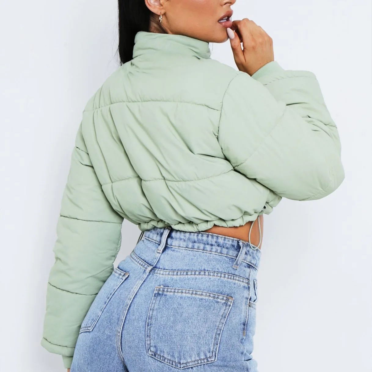2021 New Arrival Fashion Cropped Coat Winter Clothes Women Bubble Coat Solid Color Cotton Jacket Green Autumn Women Zipper Coat