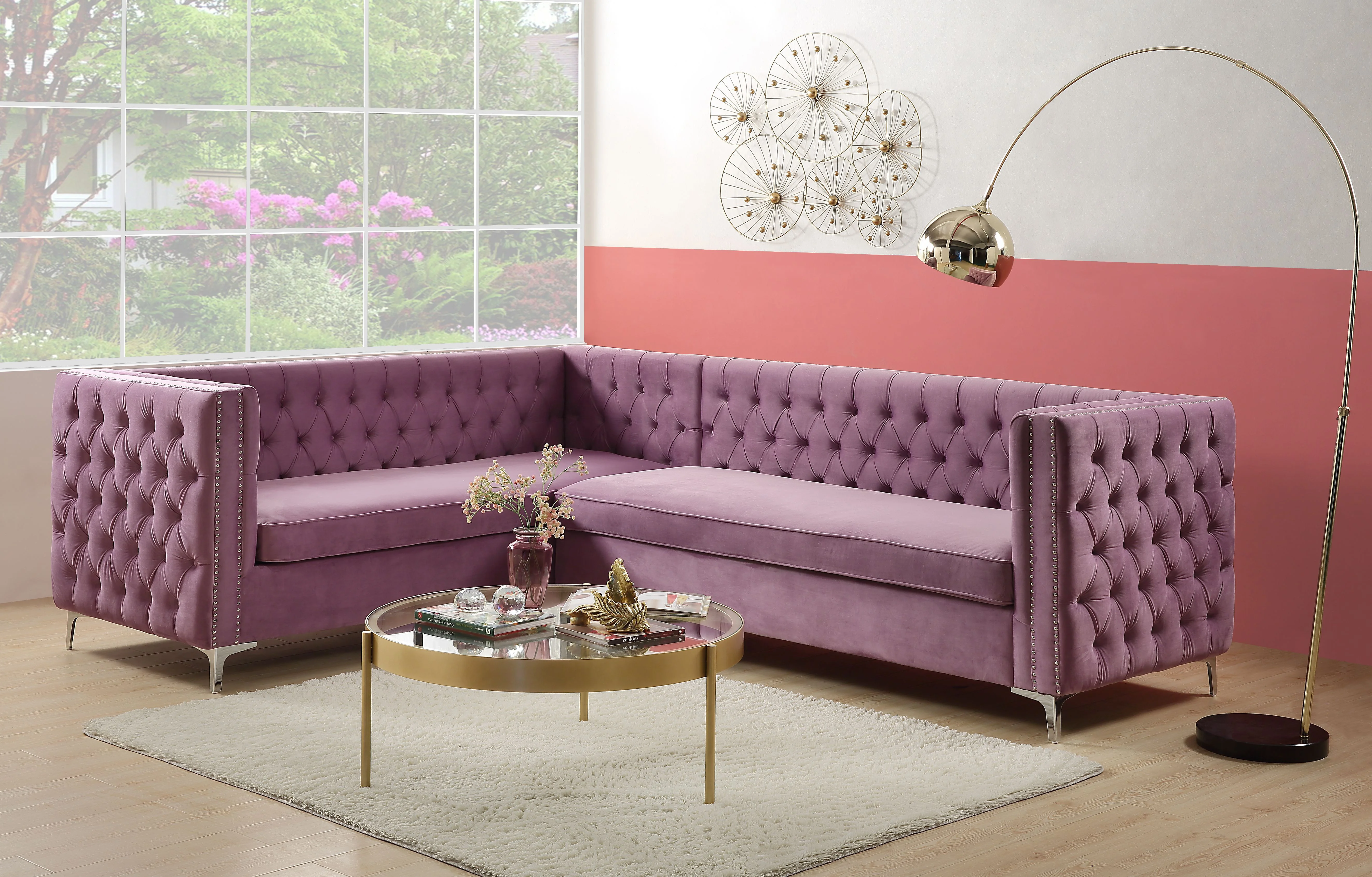 

83""L x 34""D x 34""H IN Classic Sectional Sofa Purple Velvet Minimalist And Modern Home Furniture Primary Living Space Sofas