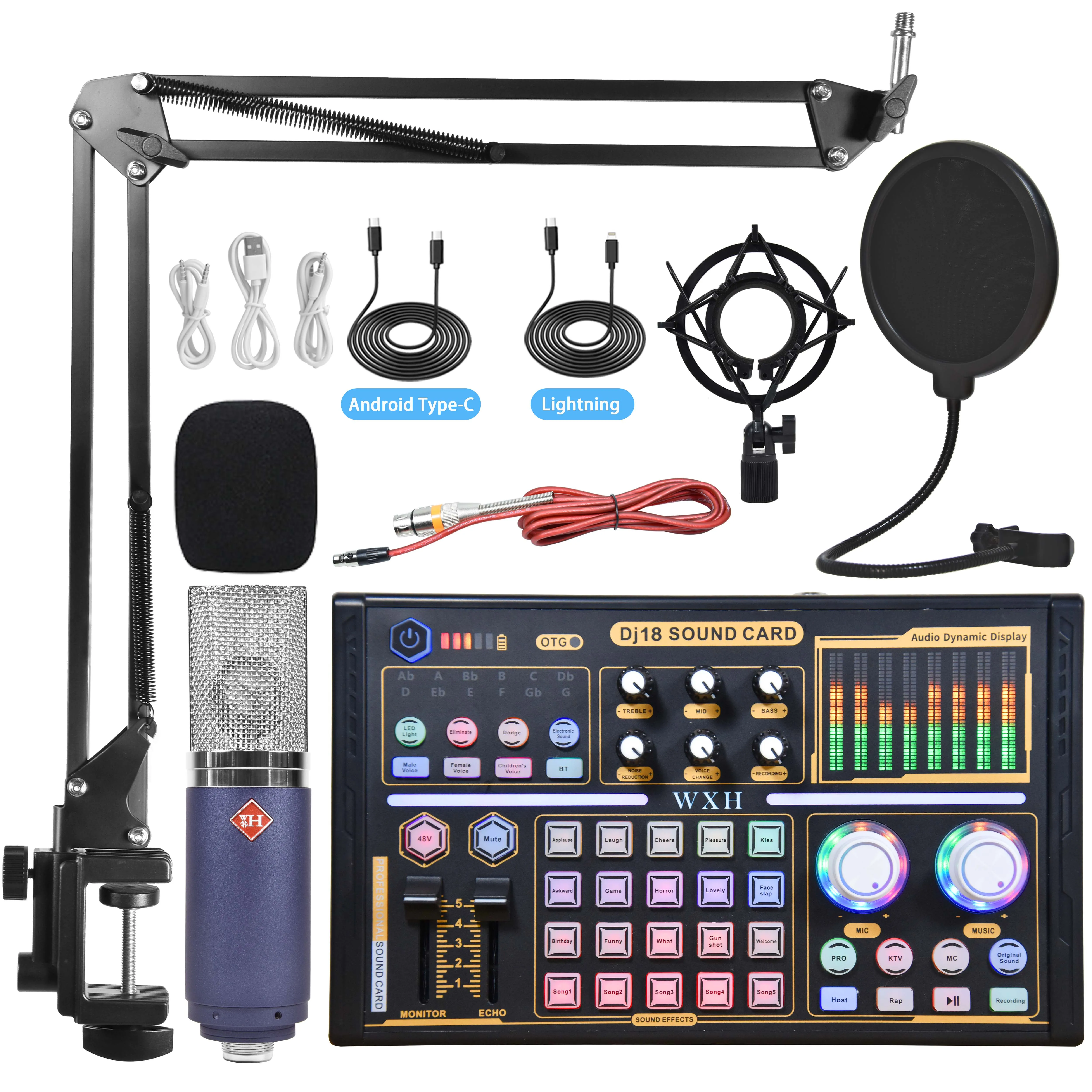 

Audio Interface Sound Card XLR Podcast Microphone Voice Changer Monitor Headphone Mobile Phone Record Microphone Kit Mixer