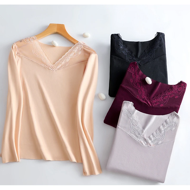 Sexy Lace Women's Thermal Underwear With Bra Winter Thermo Lingerie V Neck Slimming Warm Bottoming Top Warm Undershirt Intimate
