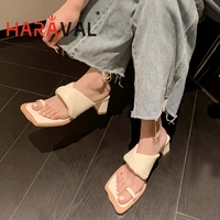 haraval lady quality slippers black white soft women summer outdoor fashion shoes elegant wide fit squared tie thick heels