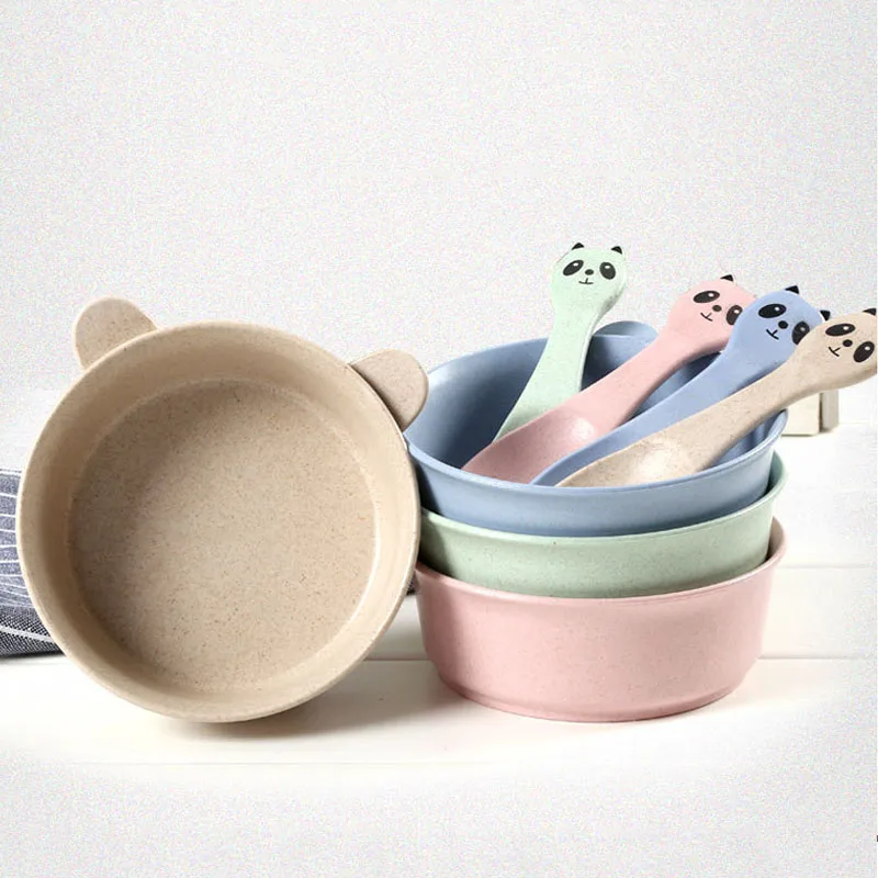 

Bowl+Spoon Dinnerware Babies Feeding Food Tableware Cartoon Panda for Kid Dishes Eating Dinnerware Anti-hot Training Plate
