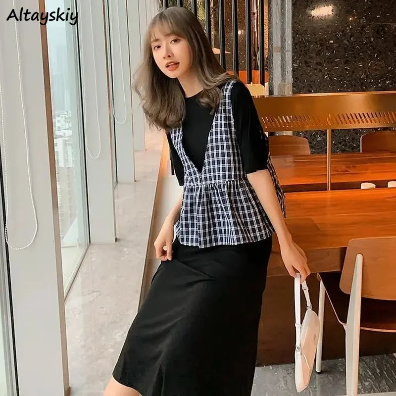 

Women Sets Plaid Tops Design Short Sleeve Dress Loose O-neck Midi Vestidos Elegant Female Summer Ulzzang Korean Style 2 Pieces