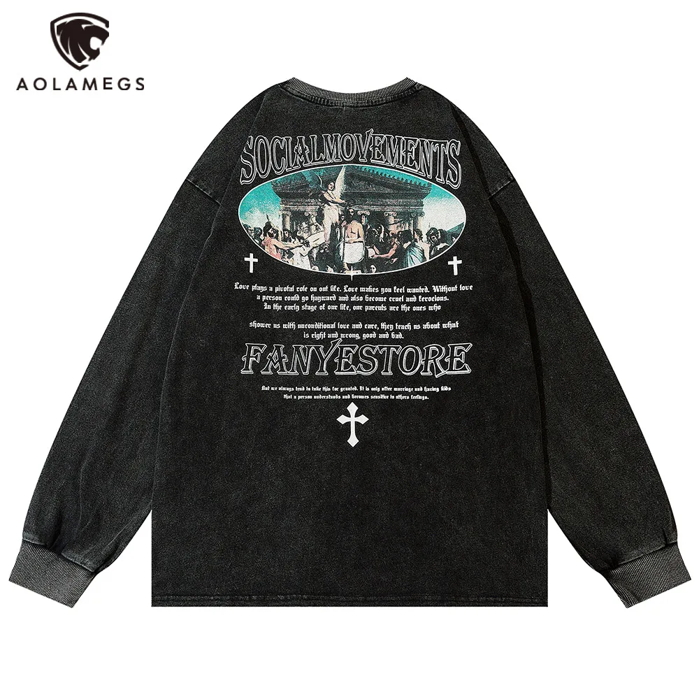 

Aolamegs Мужской Свитер оверсайз с принтом в стиле ретро, пуловер с длинными рукавами в стиле хип-хоп, Повседневная Уличная одежда унисекс