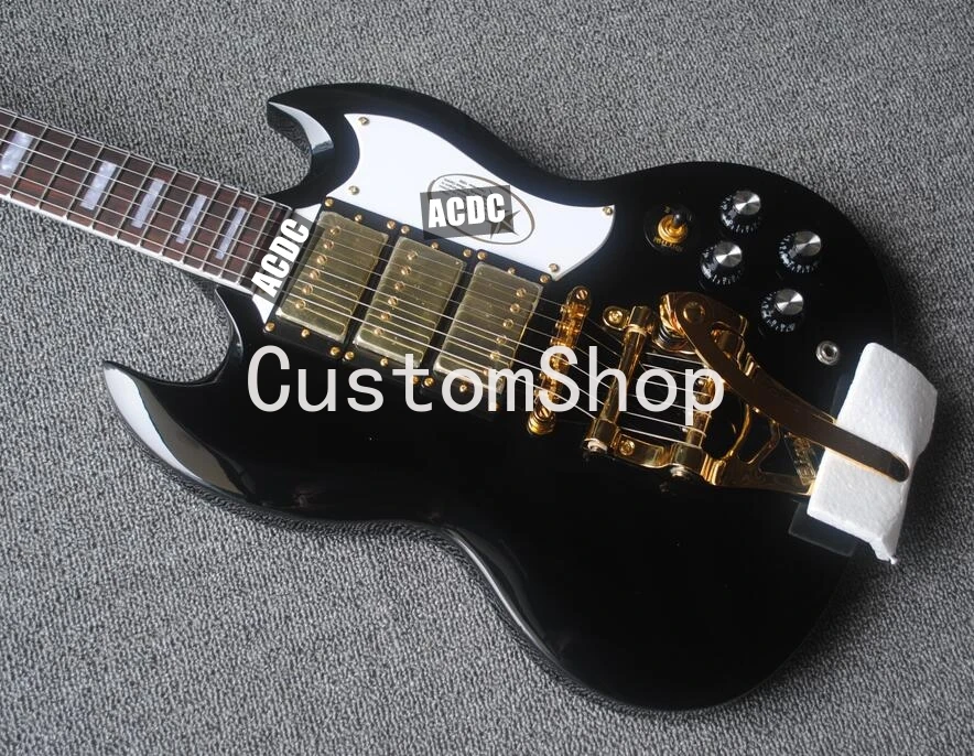 

Custom Double Cutaway Gloss Black SG Electric Guitar 3 Humbuckers Pickups, Bigs Tremolo Bridge, Gold Hardware,