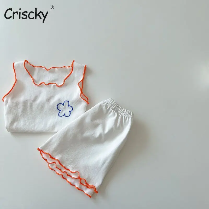

Criscky 2022 Summer Baby Pajama Set Cute Style Sleeveless Ruffle Baby Home Wear Linen Sleep Wear Baby Girls Pajama