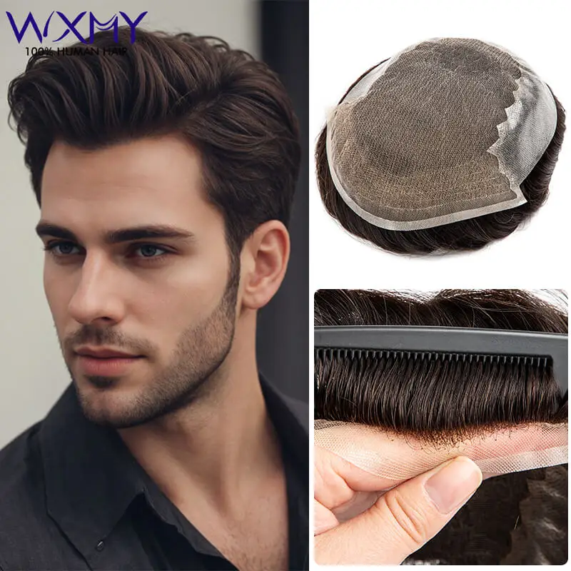 Мужской протез волос Q6 кружевной передний мужской парик сменная система