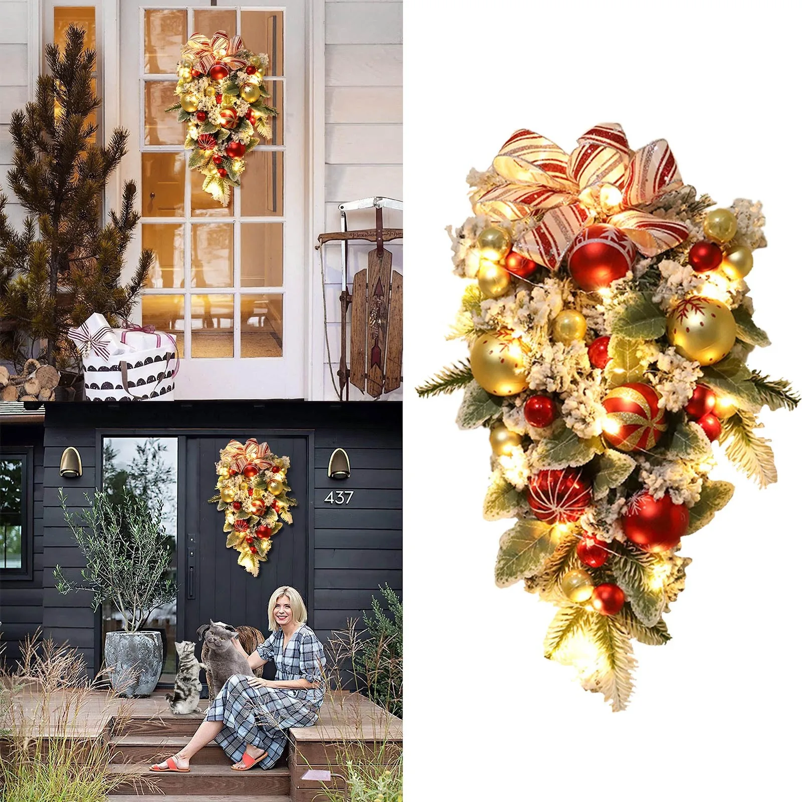 

2022 New Christmas Wreath Upside Down Tree Decorations Christmas Ball Double Door Wreaths Lighted Scene Christmas Wreath