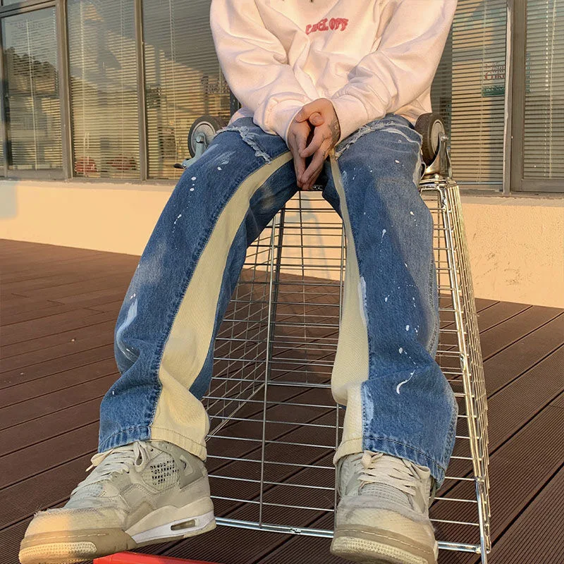 New Jeans High Street Do Old Brush Paint Hand-painted Stitching Jeans Men And Women Vibe Wind Straight Loose Micro Flared Pants